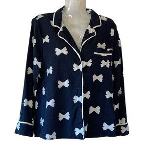 Kate Spade New York Women's Black Flannel Pajama Top with White Bow Print    XS